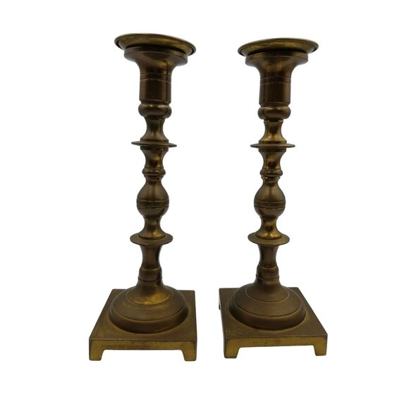 2 Brass Candlestick Holders Square Base Marked W Inc. Brass Plated Shabbat Cups - Picture 12 of 12